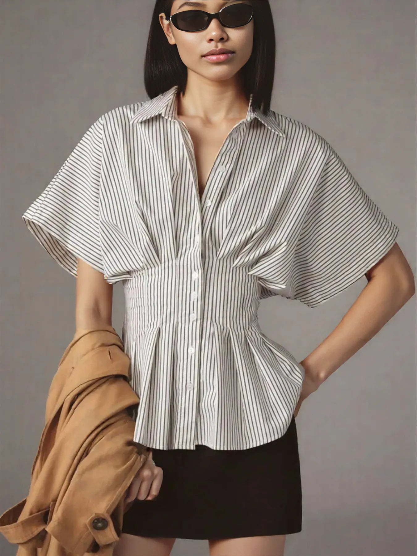 Striped Short Sleeve Button-Up Shirt Light Gray
