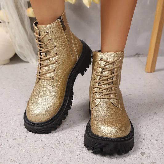 Lace Up Platform Boots Gold