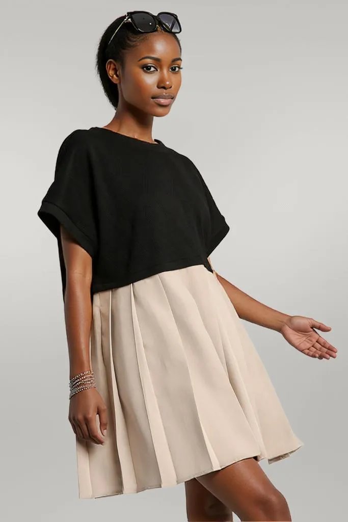 Umgee Full Size Round Neck Pleated Dress with Side Pockets Plus Size