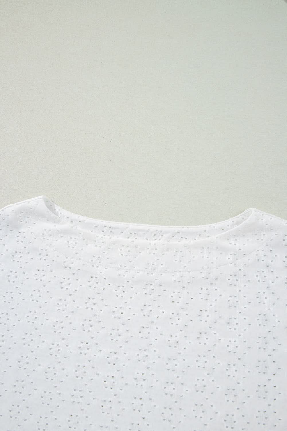White Eyelet Pattern Boat Neck Casual Tee