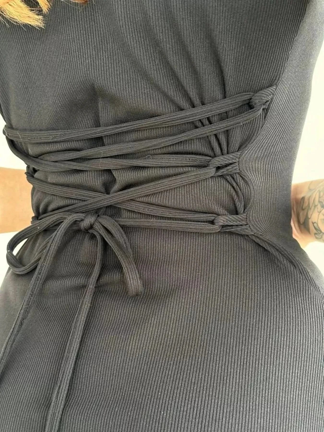 Ribbed Back Lace Up Short Sleeve Mini Dress