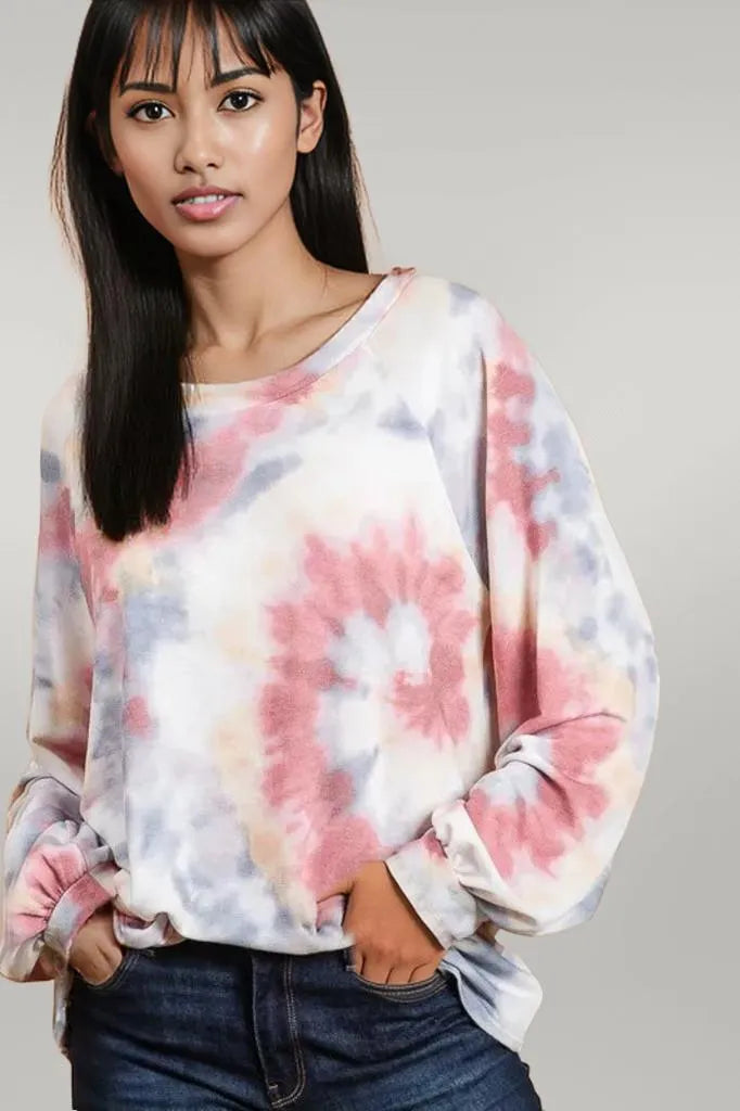 BiBi Tie Dye Print Terry Top With Puff Sleeves
