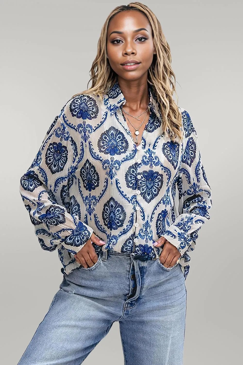 Blue Tribal Pattern Buttoned Front Loose Shirt Blue 100%Polyester