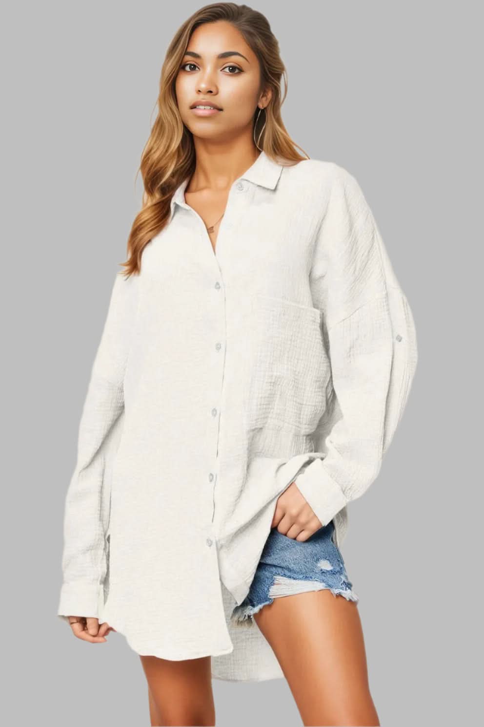 Double Take Full Size Pocketed Texture Button Up Shirt