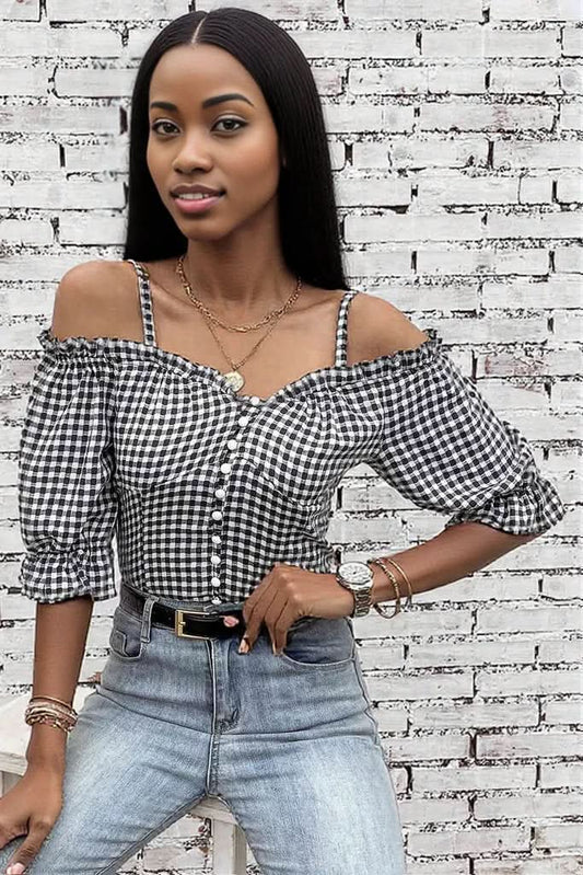 Plaid Buttoned Sweetheart Neck Cold-Shoulder Top Plaid
