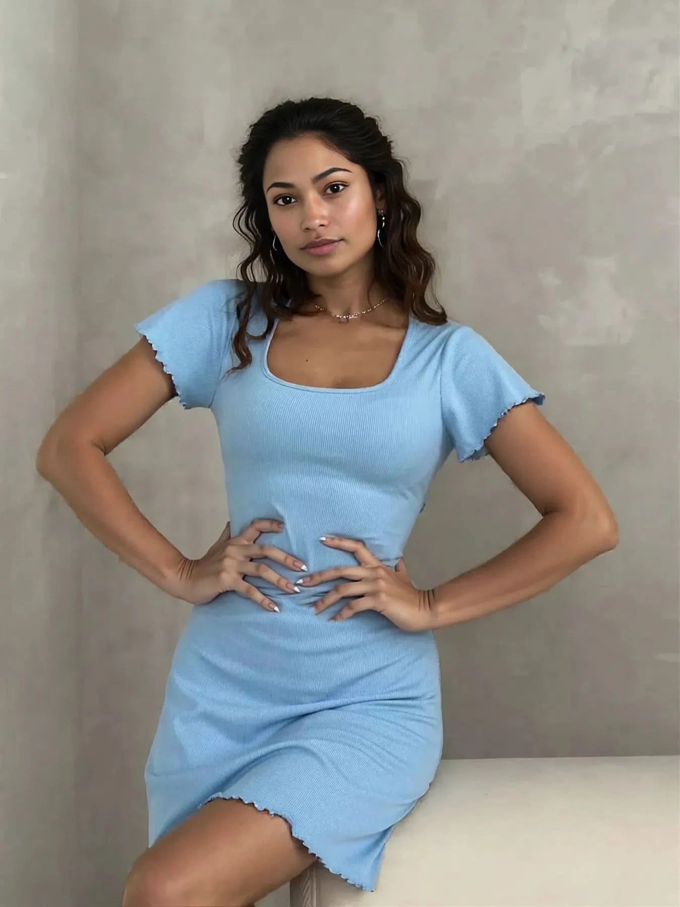 Ribbed Back Lace Up Short Sleeve Mini Dress