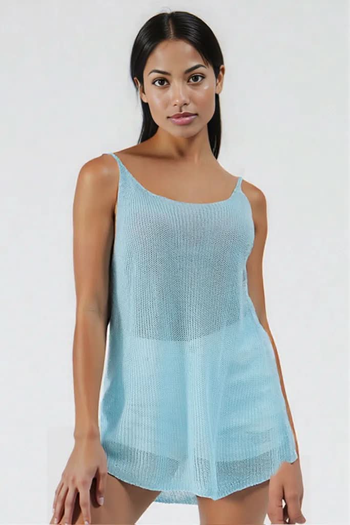 Scoop Neck Spaghetti Strap Knit Cami Light Blue