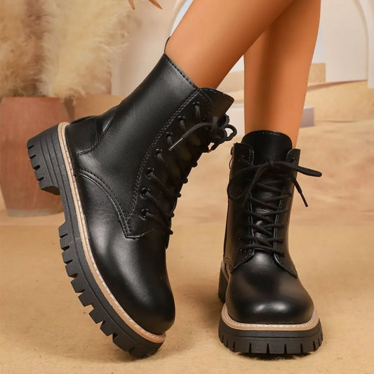 Lace Up Leather Combat Boots with Chunky Sole