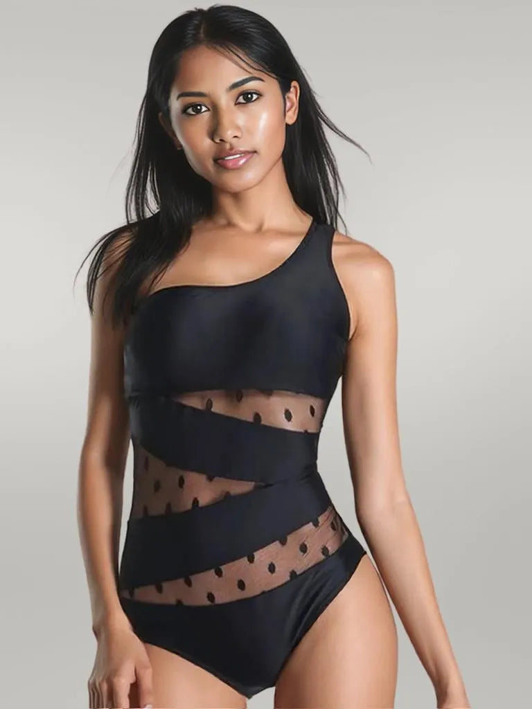 One Shoulder Polka Dot One-Piece Swimwear Black