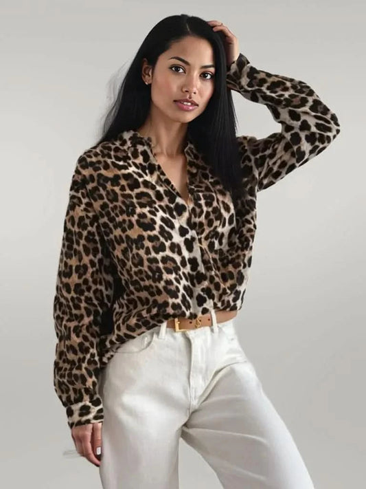 Leopard Collared Neck Long Sleeve Shirt Leopard