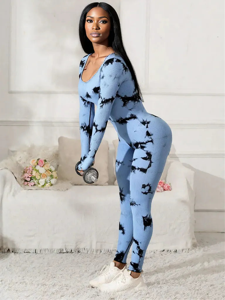 Scoop Neck Long Sleeve Active Jumpsuit Light Blue
