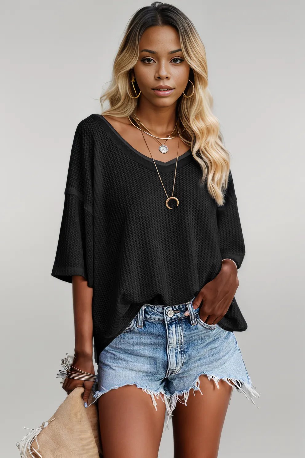 Black Waffle Knit Drop Shoulder Loose Top