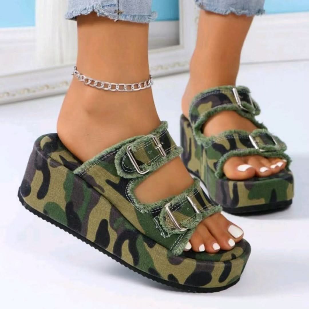Raw Hem Wedge Buckle Sandals Moss