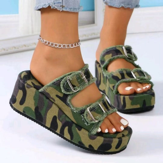 Raw Hem Wedge Buckle Sandals Moss