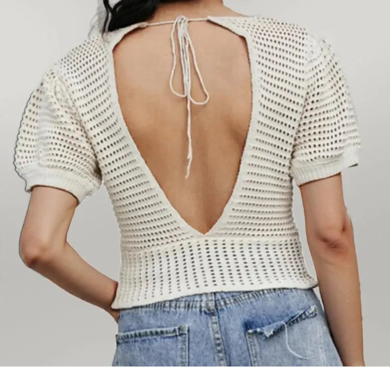 Openwork V-Neck Short Sleeve Knit Top