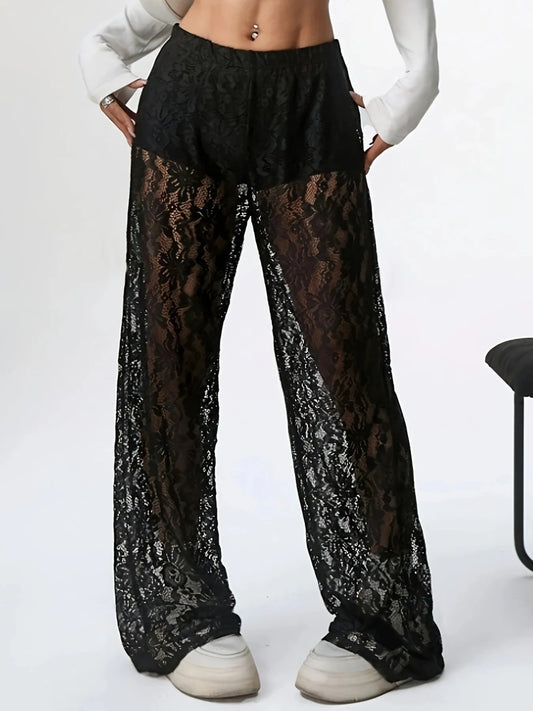 Lace Sheer Wide Leg Pants Black