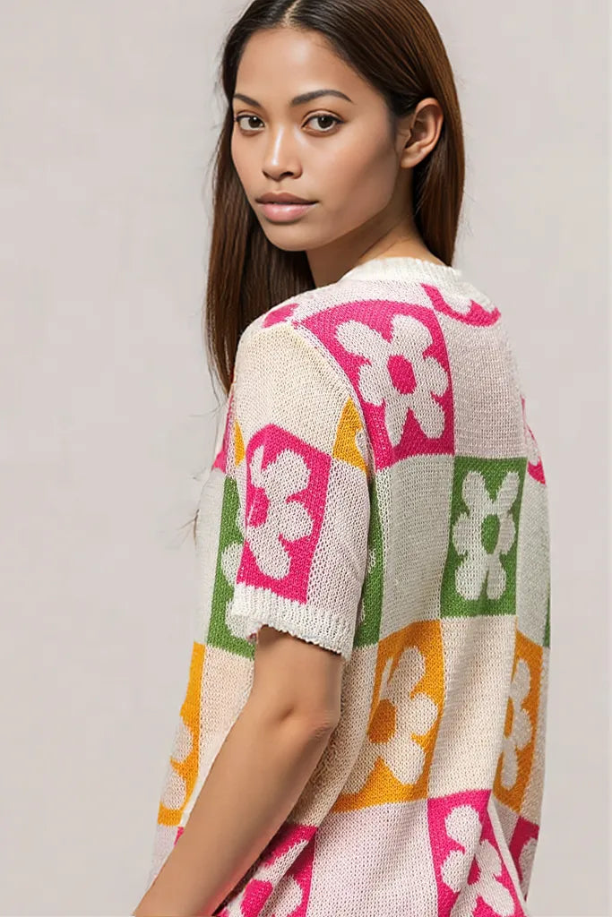 BiBi Flower Checker Pattern Lightweight Sweater Top