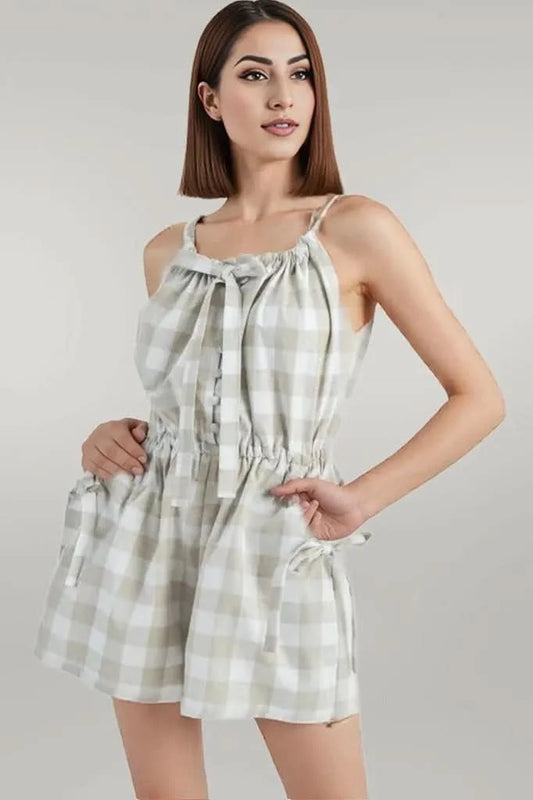 MABLE Plaid Sleeveless Button Down Romper Lt Taupe
