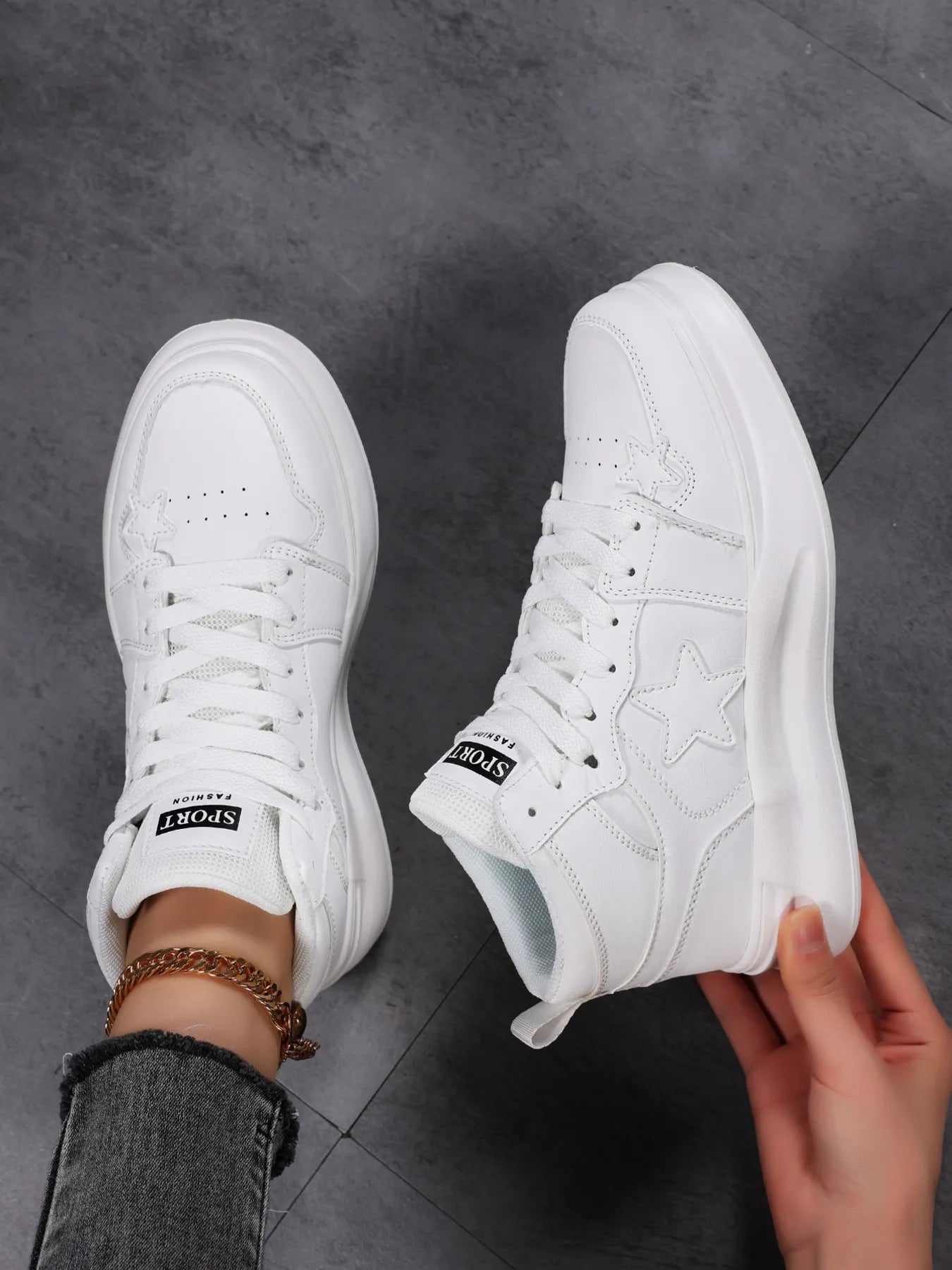 Star Pattern Lace Up Sneakers White
