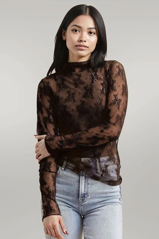 Mock Neck Long Sleeve Sheer Top Black