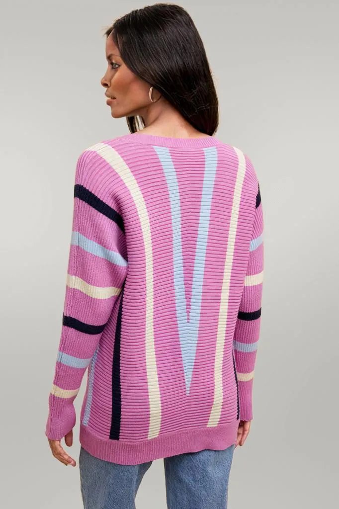 Annie Wear Chevron Stripe Round Neck Ribbed Sweater