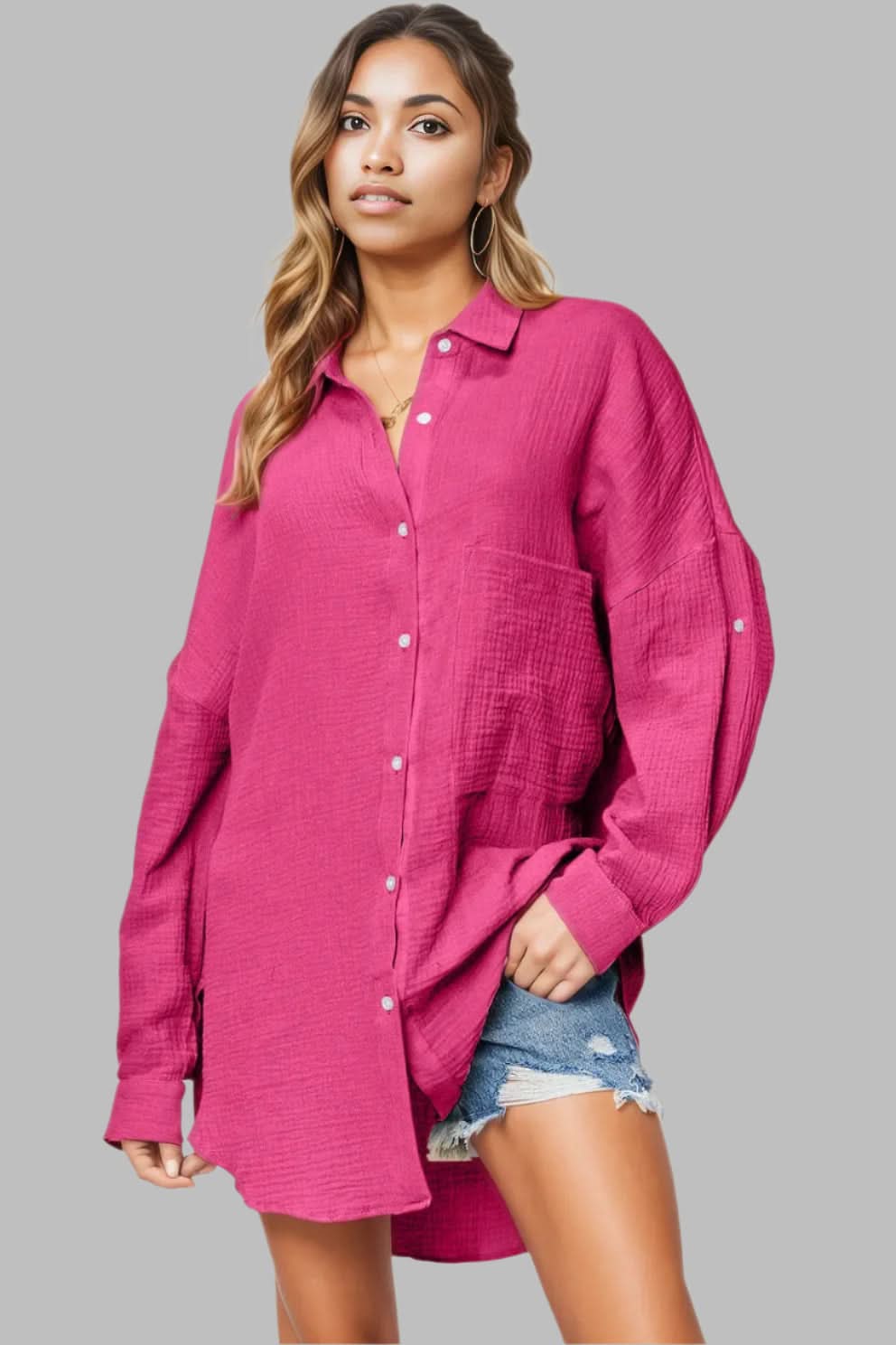 Double Take Full Size Pocketed Texture Button Up Shirt Hot Pink