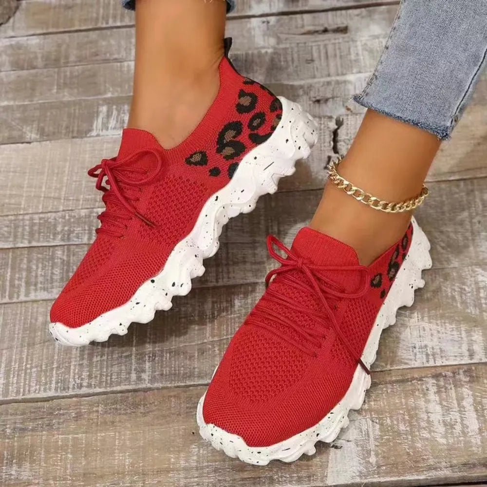 Leopard Mesh Round Toe Athletic Red