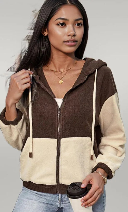 Perfee Two-Tone Zip-Up Dropped Shoulder Hooded Jacket Coffee Brown