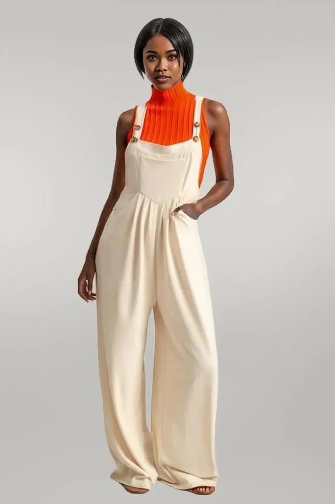 HYFVE Pleated Detail Front Pocket Wide Strap Overalls ALPACA