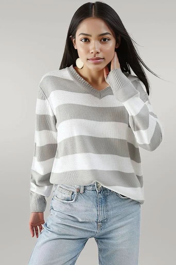 Leopard V-Neck Long Sleeve Sweater Gray