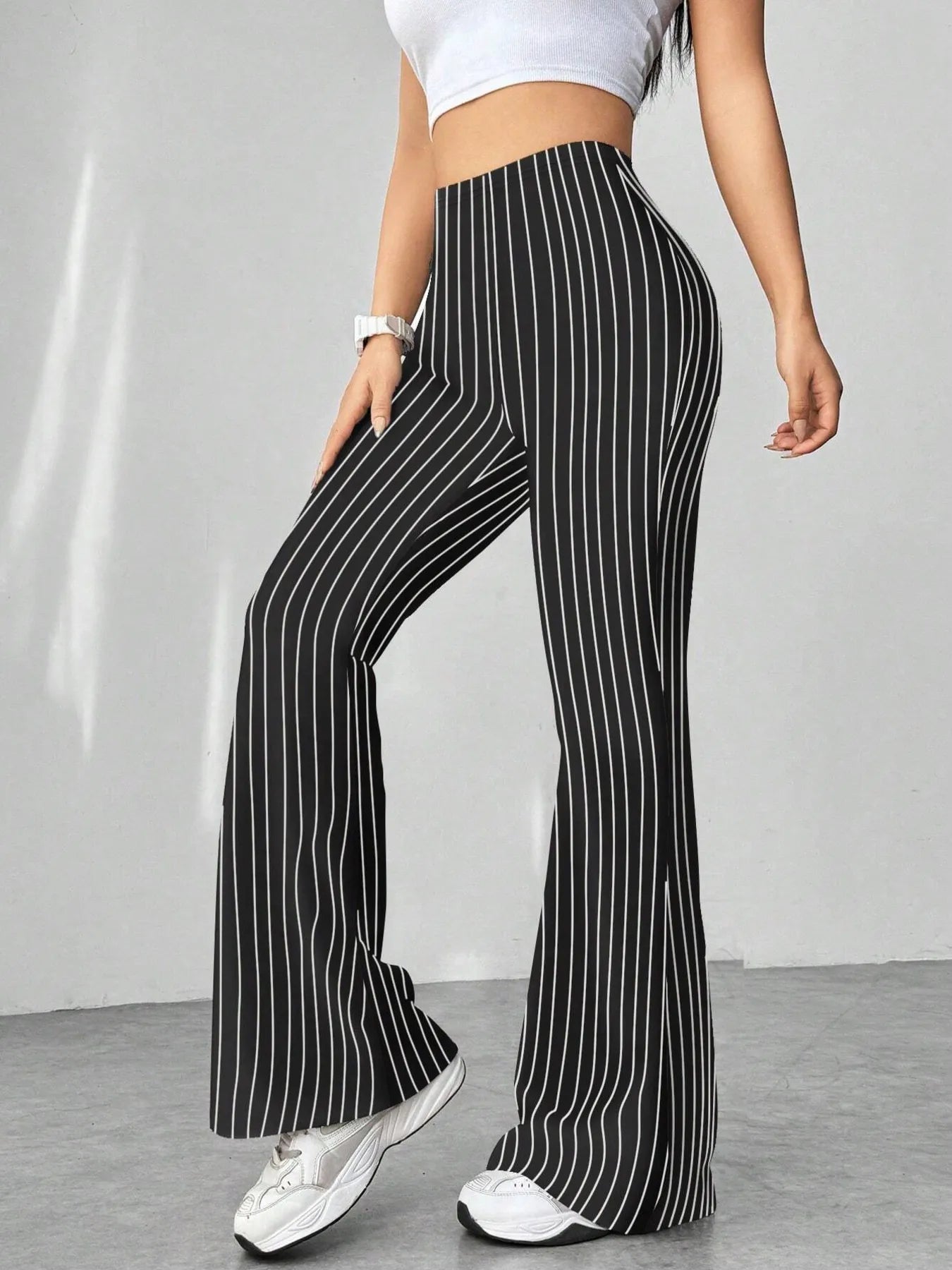 High Waisted Flare Pants Black And White Stripes