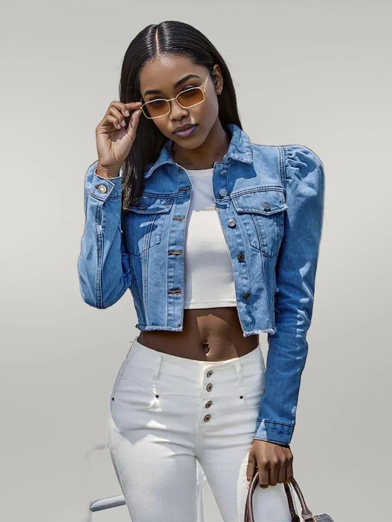 Button Down Raw Hem Cropped Denim Jacket