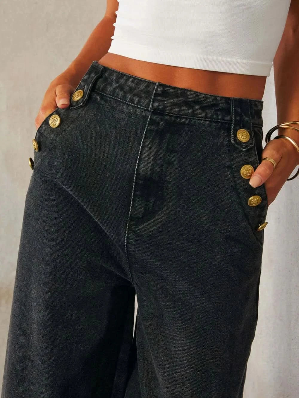 Button Decor High Rise Wide Leg Jeans Dark