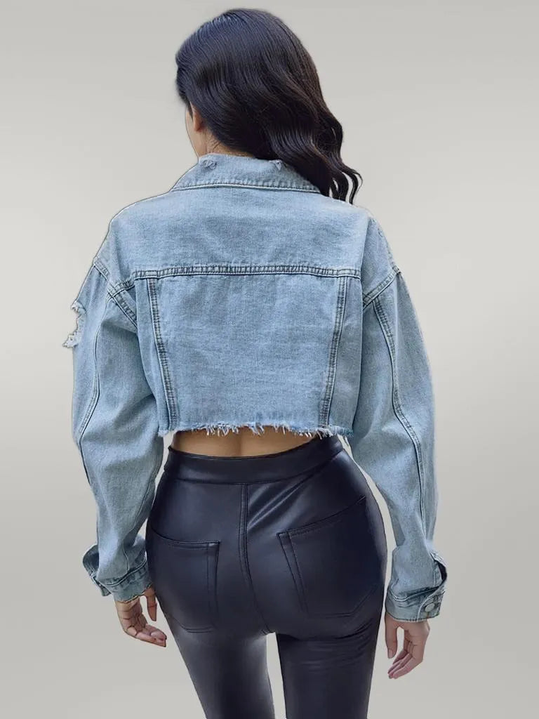Distressed Raw Hem Cropped Denim Jacket