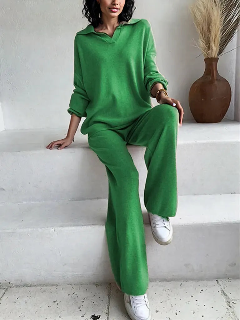 Johnny Collar Long Sleeve Top and Pants Sweater Set Dark Green One Size