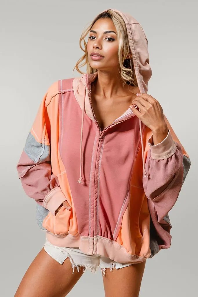 Double Take Full Size Color Block Zip Up Hoodie Burnt Coral