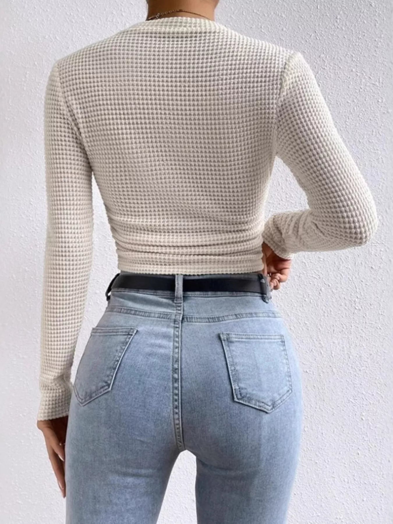 Waffle Knit Long Sleeve T-Shirt Beige