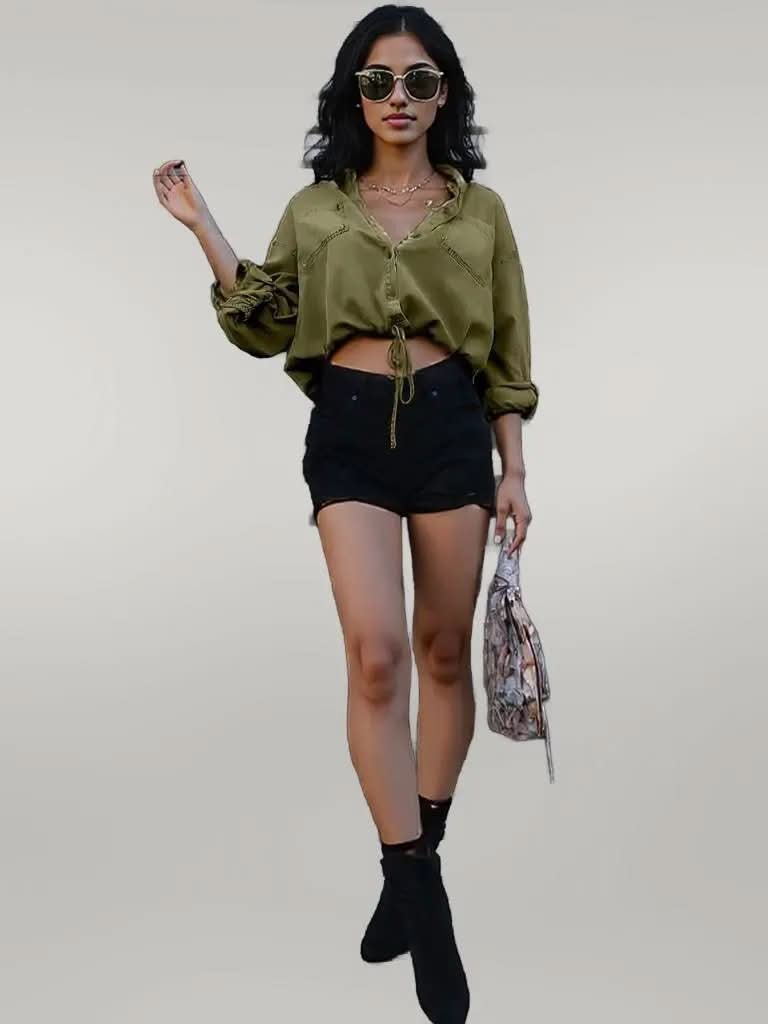 Drawstring Pocketed Button Up Denim Top