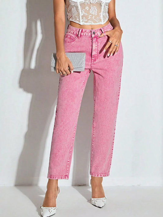 High-Waisted Wash Straight Leg Jeans Dusty Pink