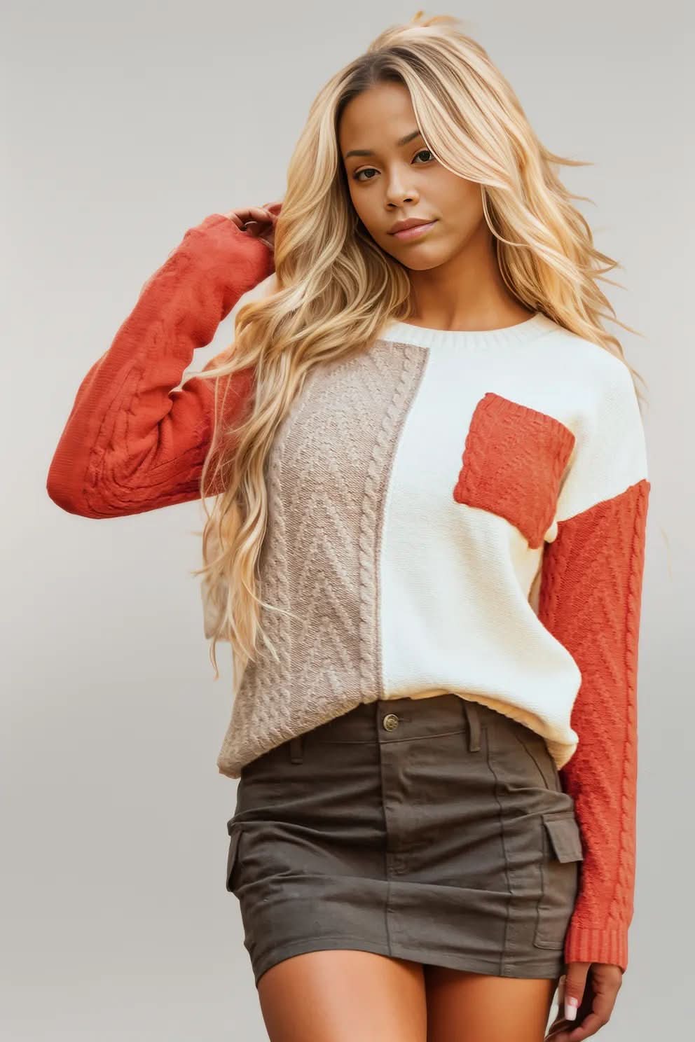 Gold Flame Colorblock Patched Pocket Drop Shoulder Sweater Gold Flame 65%Acrylic+35%Polyamide