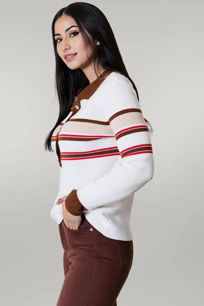 Basic Bae Striped Collared Neck Rib-Knit Top