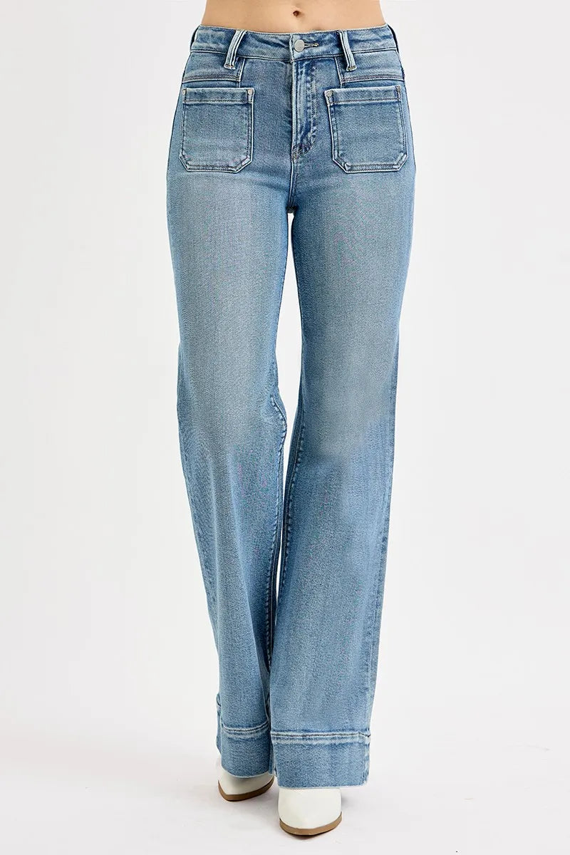 RISEN Full Size High Rise Wide Flare Patch Pocket Jeans