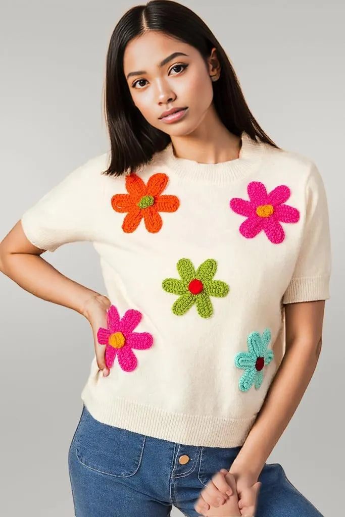 BiBi Crochet Flower Patch Sweater Top