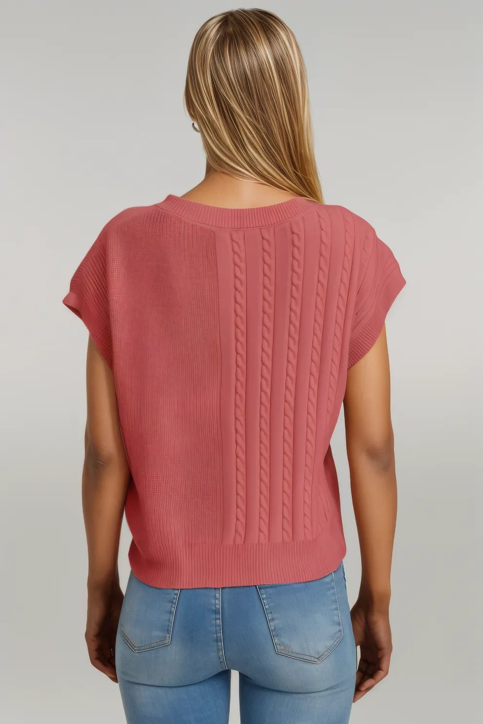 Double Take Full Size Cable-Knit Round Neck Short Sleeve Sweater