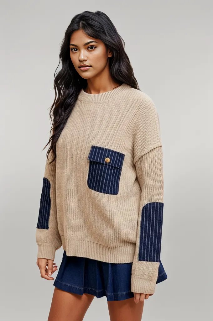 Annie Wear Contrast Round Neck Drop Shoulder Sweater with Patch Pocket