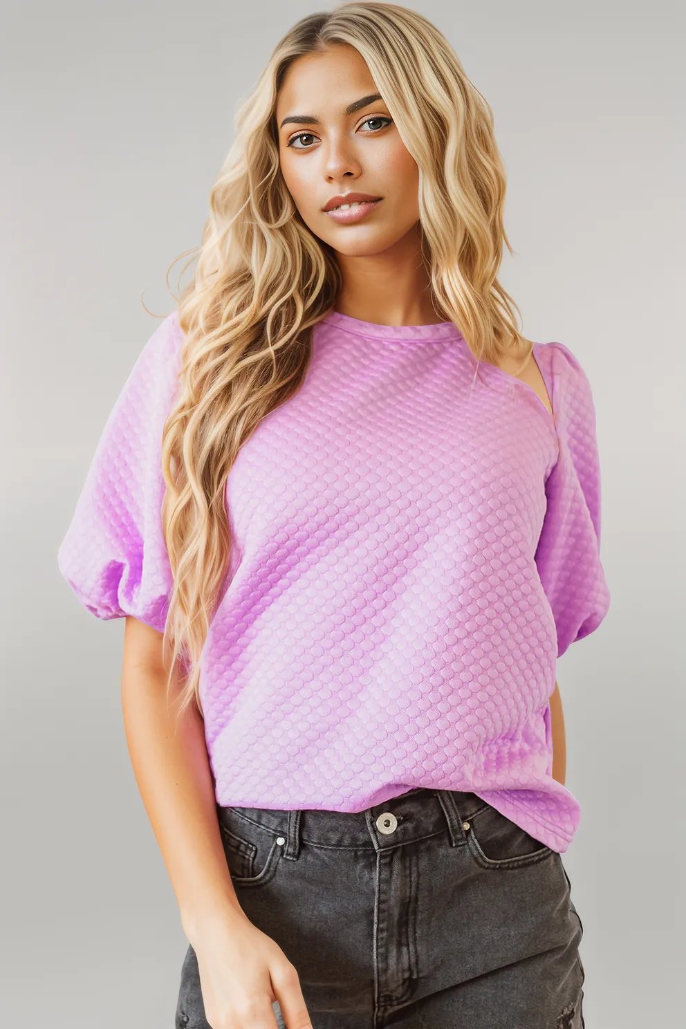 Phalaenopsis Solid Textured O Neck Puff Sleeve Blouse
