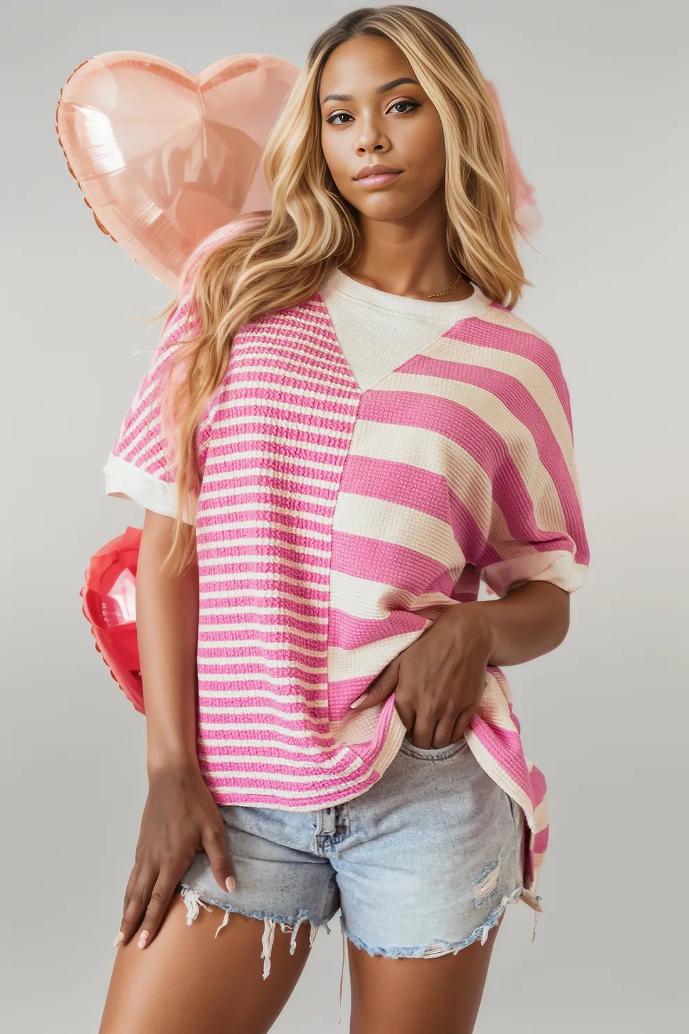 Pink Stripe Patchwork Textured Short Sleeve High Low Loose Top Pink Stripe 68%Polyester+20%Cotton+8%Viscose+4%Elastane