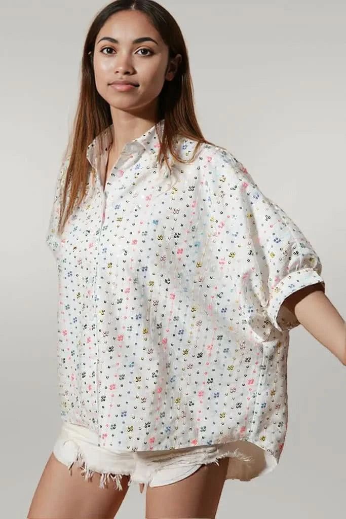 BiBi Sequin Striped Short Dolman Sleeve Blouse OFF WHITE