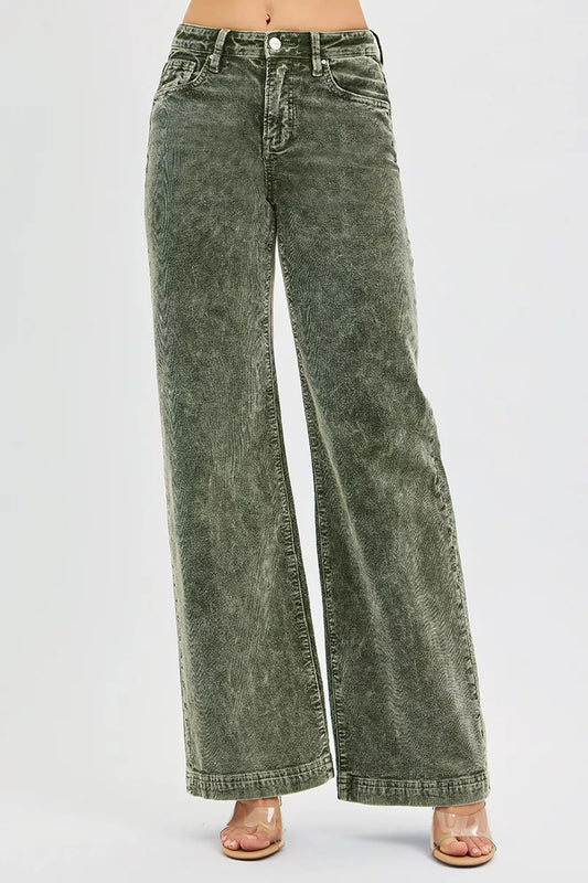 RISEN Full Size High Rise Wide Leg Corduroy Jeans FOREST
