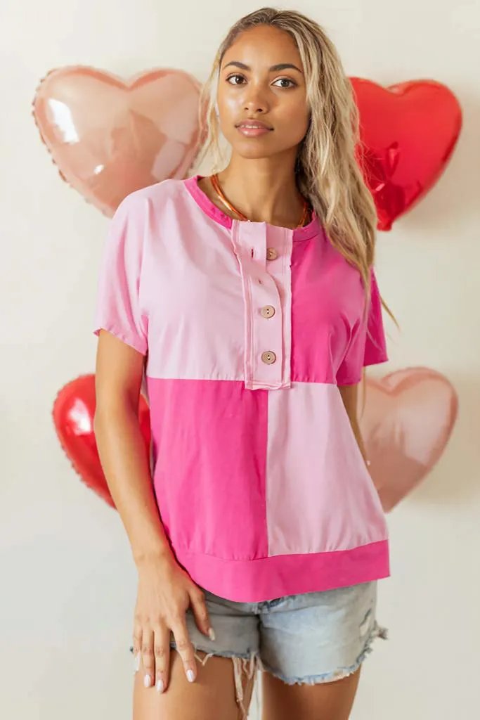 Pink Two Tone Half Buttons Collared T Shirt